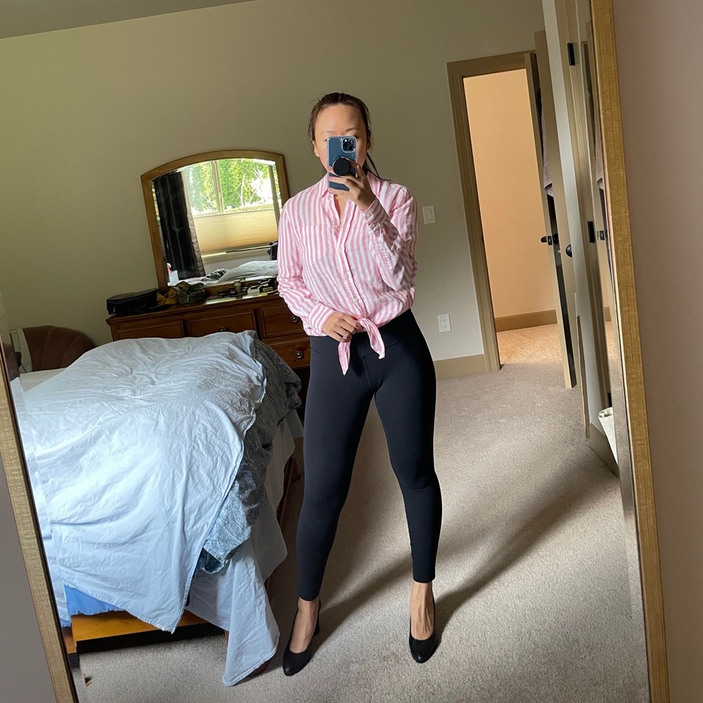 J crew pink pinstripe linen button-up (tie bottom)